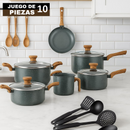 Conjunto Completo de 10 Piezas en Acero Inoxidable con Revestimiento de Cerámica y Mangos de Madera
