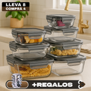 [PAGÁ 4 LLEVÁ 8] Conjunto de Recipientes de Vidrio con Tapa Antiderrame + REGALO: Porta Condimentos