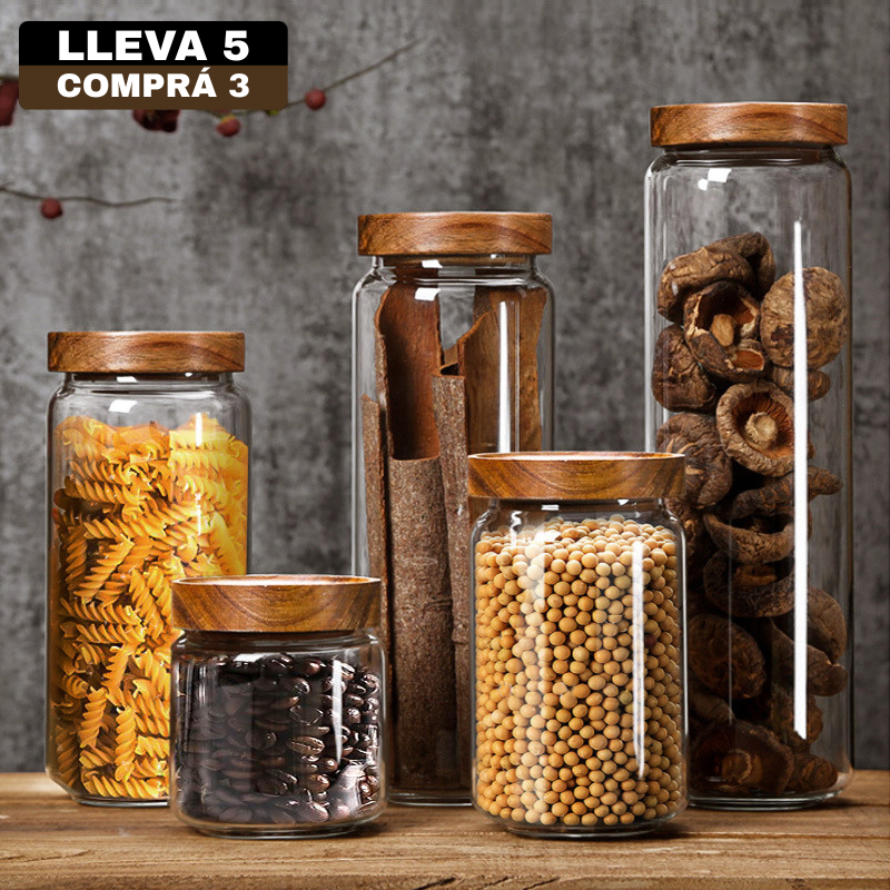 Conjunto de Potes Herméticos Organizadores en Vidrio con Tapa de Roble de Alta Hermeticidad
